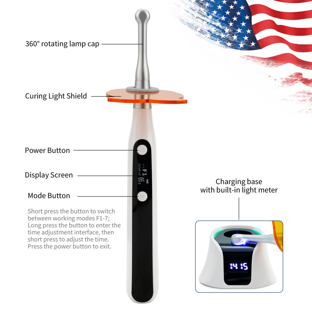 Dental Curing Light Lamp 1000–3000 mW/cm² 7 modes 1–60 seconds High Intensity