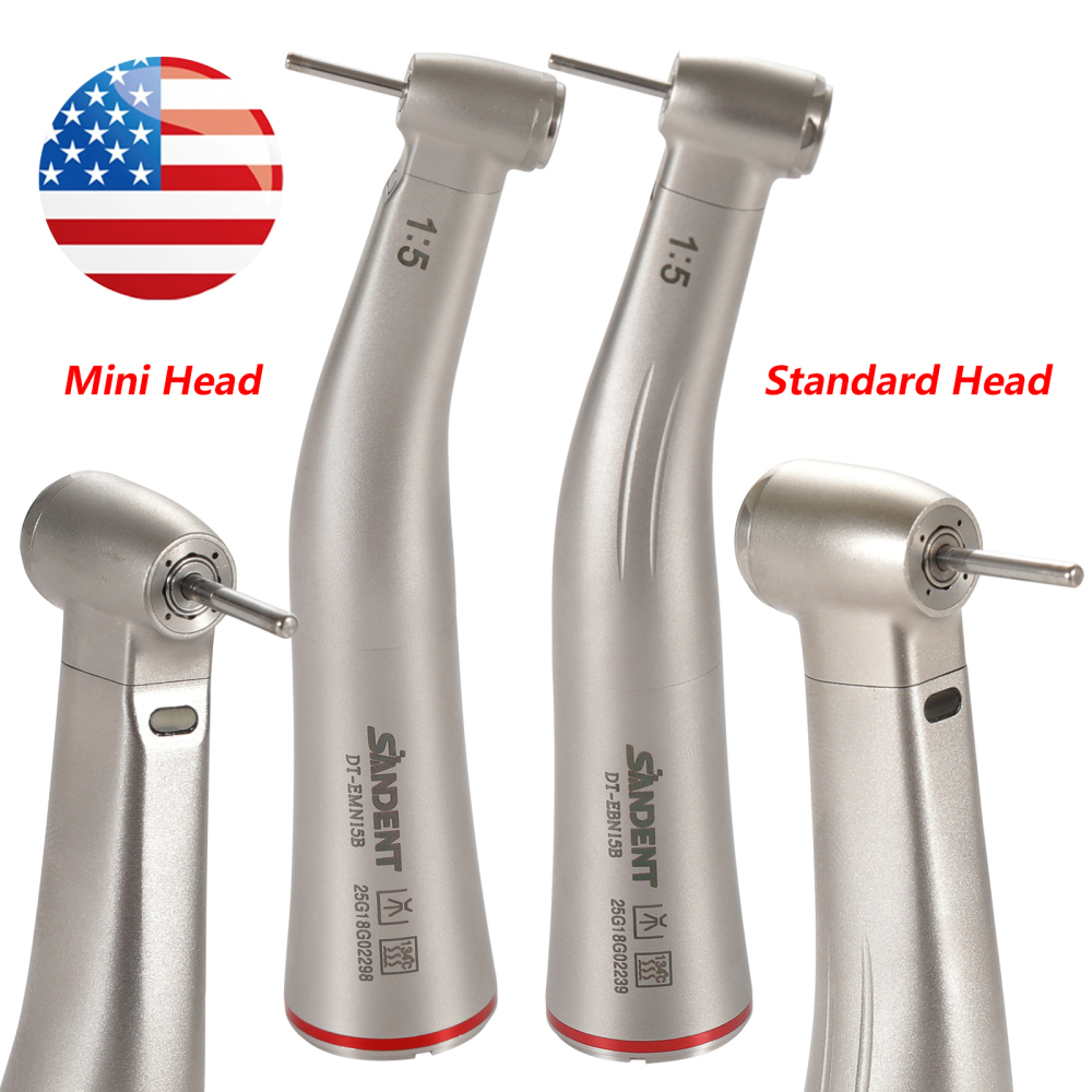 10pcs Dental 1:5 LED Fiber Optic Electric Contra Angle Handpiece Standard/Mini head SANDENT