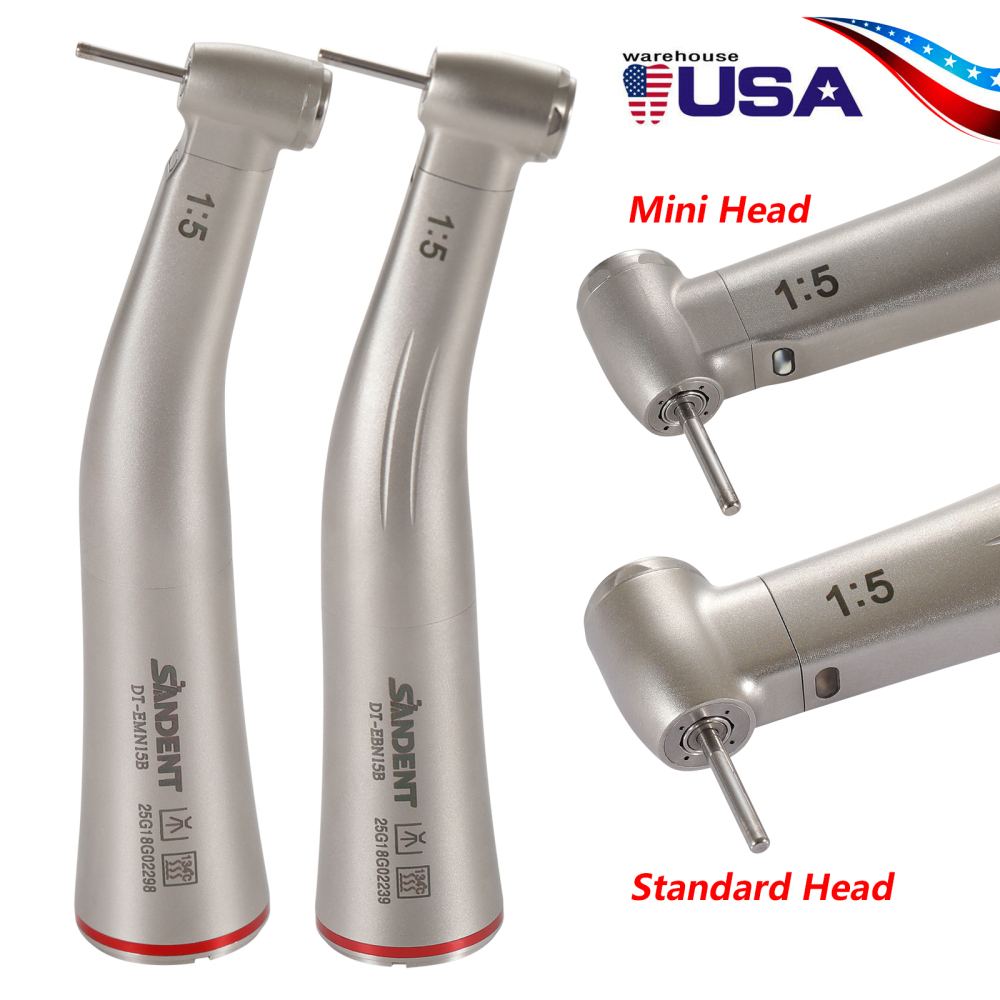 10pcs Dental 1:5 LED Fiber Optic Electric Contra Angle Handpiece Standard/Mini head SANDENT
