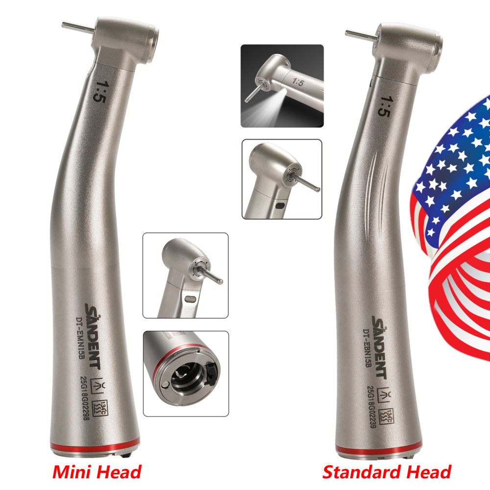 10pcs Dental 1:5 LED Fiber Optic Electric Contra Angle Handpiece Standard/Mini head SANDENT