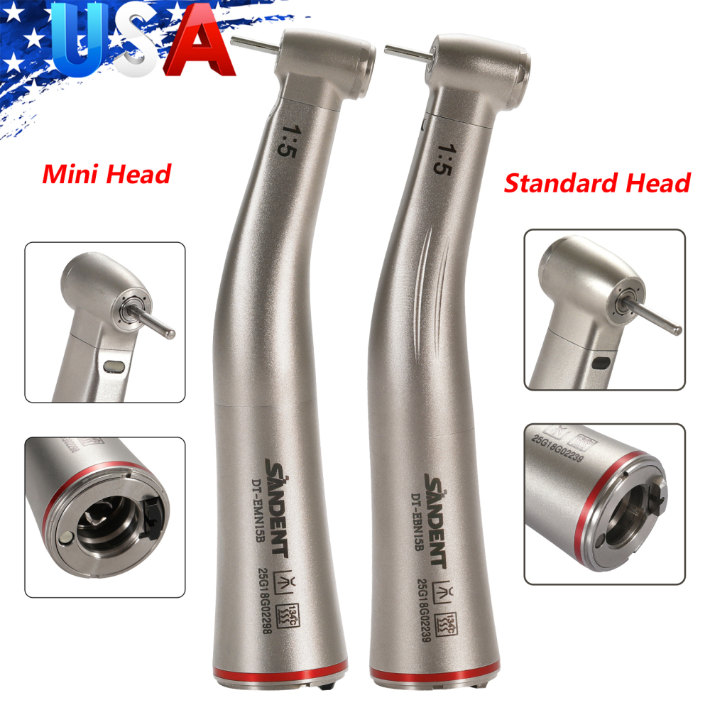 10pcs Dental 1:5 LED Fiber Optic Electric Contra Angle Handpiece Standard/Mini head SANDENT