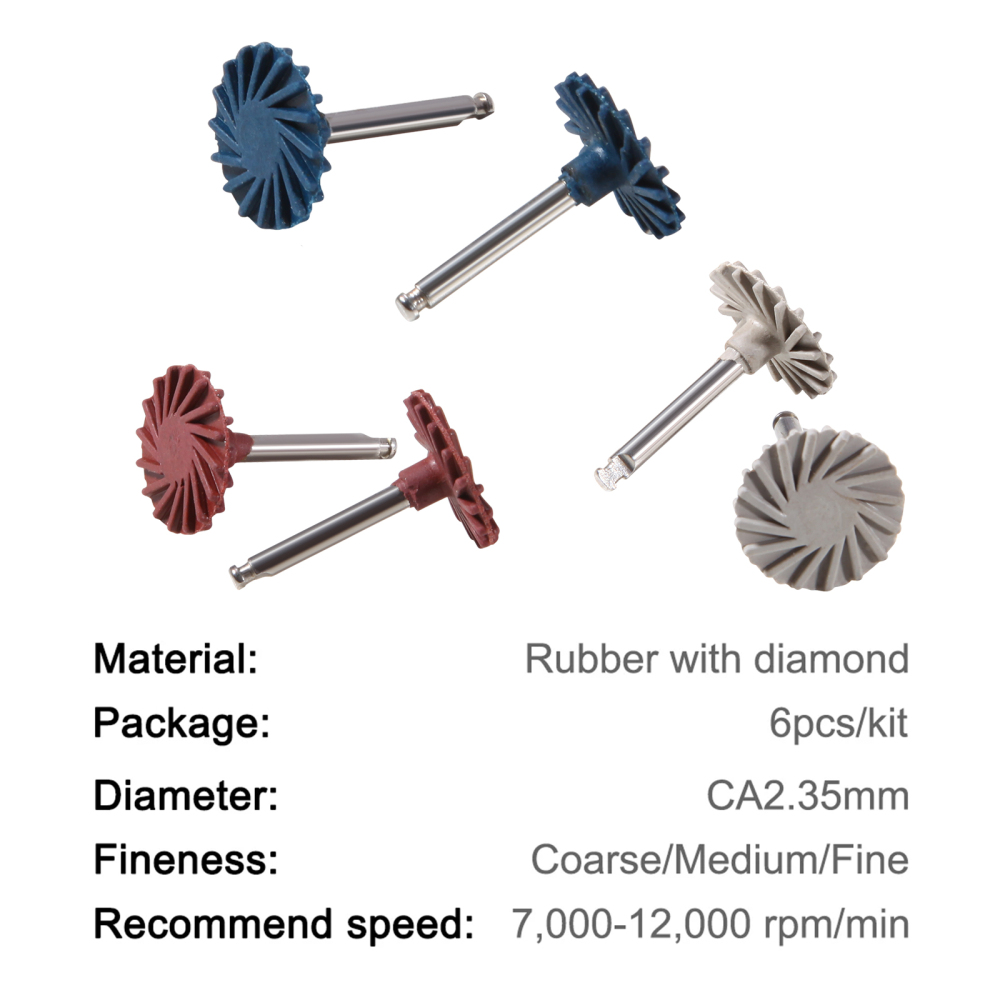 6Pcs Dental Composite Polishing Diamond RA 2.35mm Rubber Wheel Kit