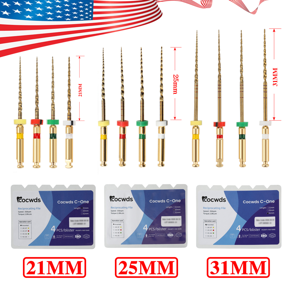 4pcs Dental Reciprocating Endodontic Root Canal Niti Gold Endo Rotary Files 21mm/25mm/31mm