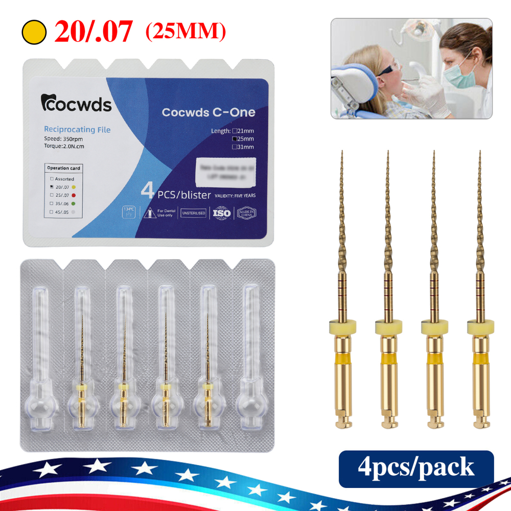 4pcs Dental Reciprocating Endodontic Root Canal Niti Gold Endo Rotary Files 21mm/25mm/31mm