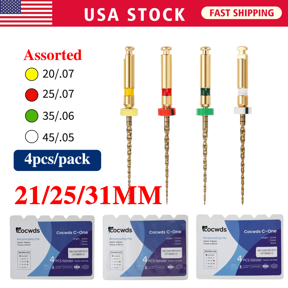 4pcs Dental Reciprocating Endodontic Root Canal Niti Gold Endo Rotary Files 21mm/25mm/31mm