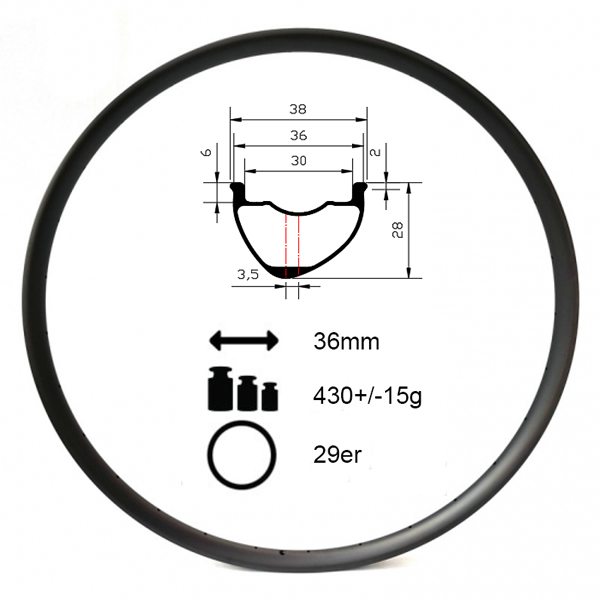 M29-36-28 29er Asymmetric 36mm Outer Width Carbon MTB Rims