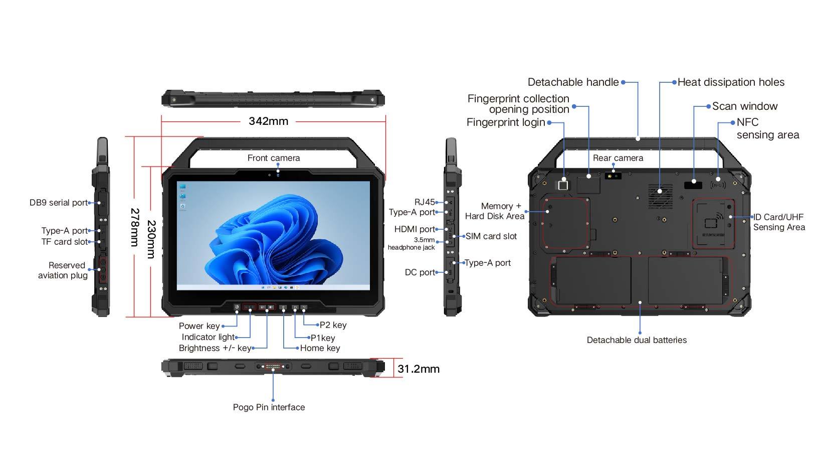 13.3" 12th i5 1235U Windows Rugged Tablet with dual batteries