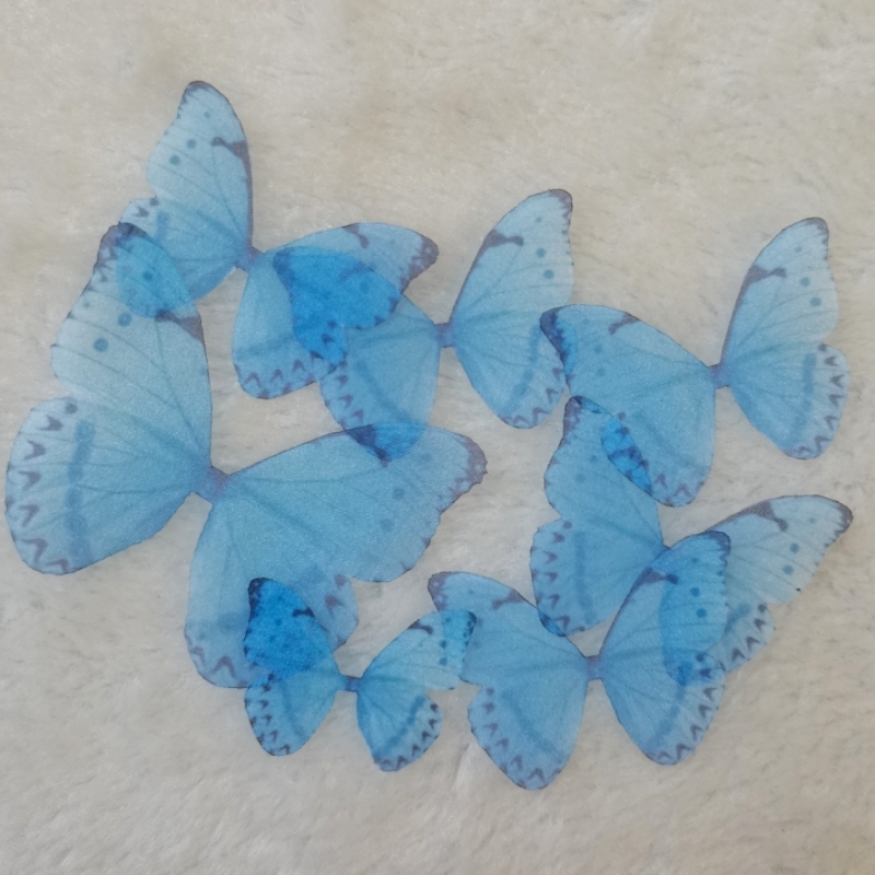 Organza Fabric Silk Butterfly Wings, Half Transparent Butterfly Applique, Blue Lace Butterfly Pieces