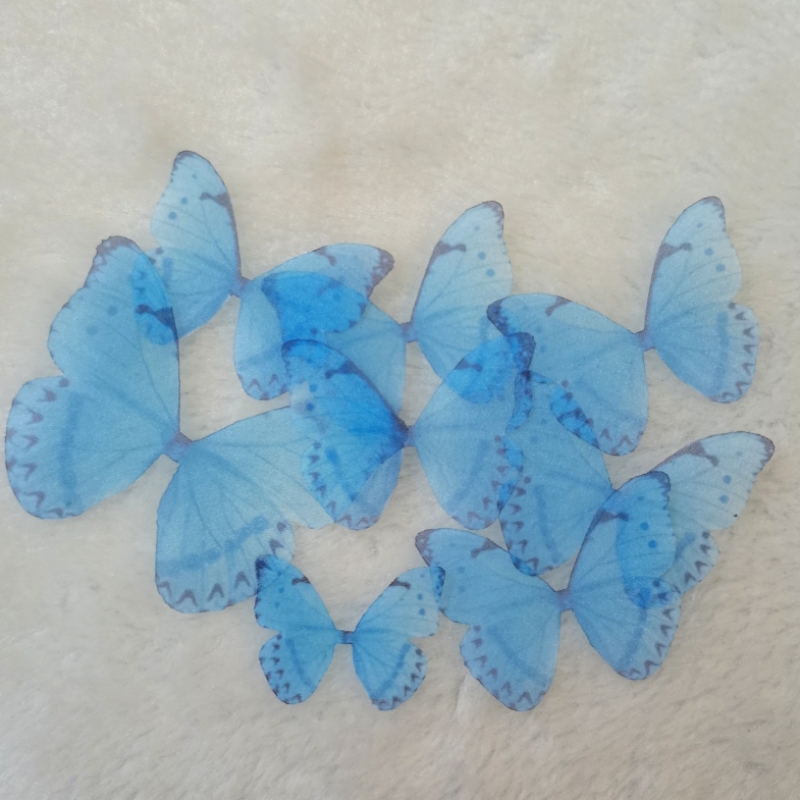 Organza Fabric Silk Butterfly Wings, Half Transparent Butterfly Applique, Blue Lace Butterfly Pieces