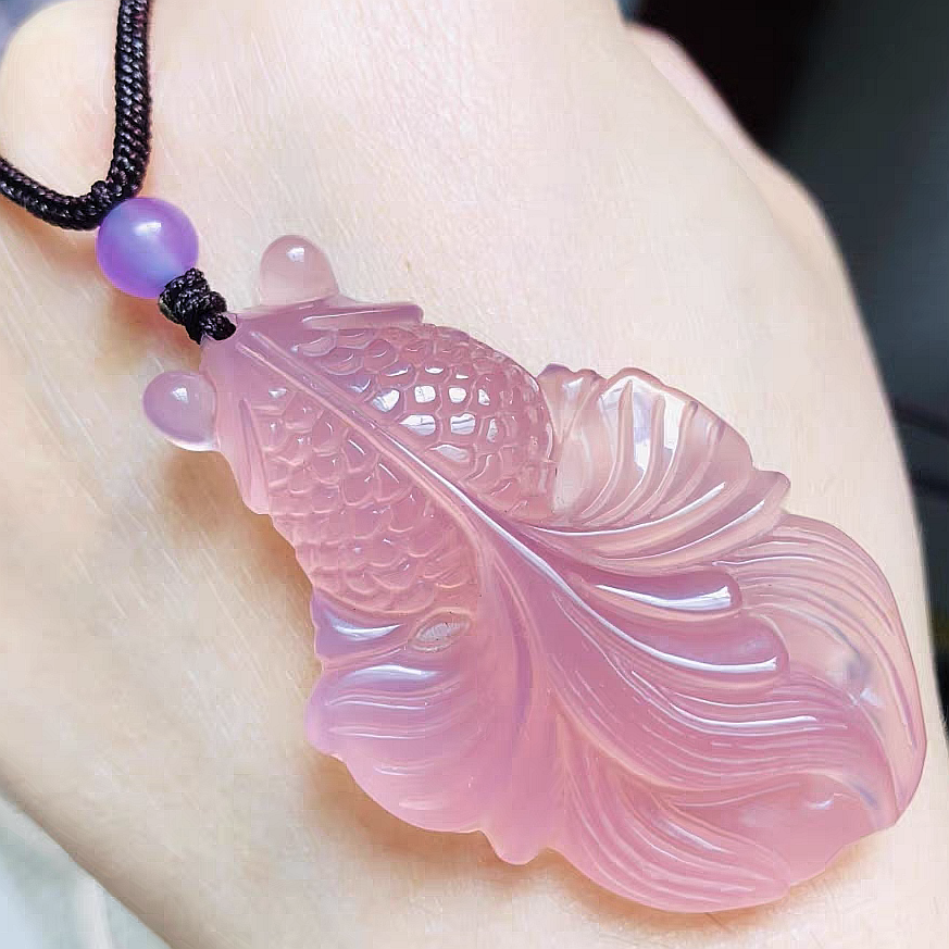 Pink Chalcedony Pendant,Goldfish Gemstone Necklace,Crystal Gemstone Jewelry Gift for her