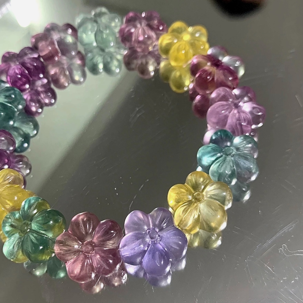Rainbow Fluorite Bracelet,Flower Charms Gemstone Bracelet,Healing Crystal Bracelet,Gift For her