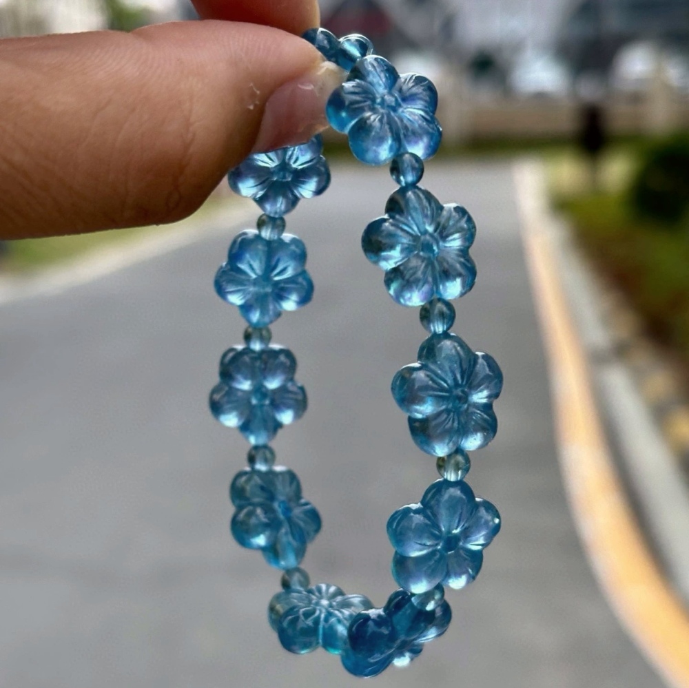 Luxury Blue Aquamarine Bracelet,Flower Charms Gemstone Bracelet, Healing Gemstone Bracelet for women,Girl Bracelet,Gift For Her-16mm
