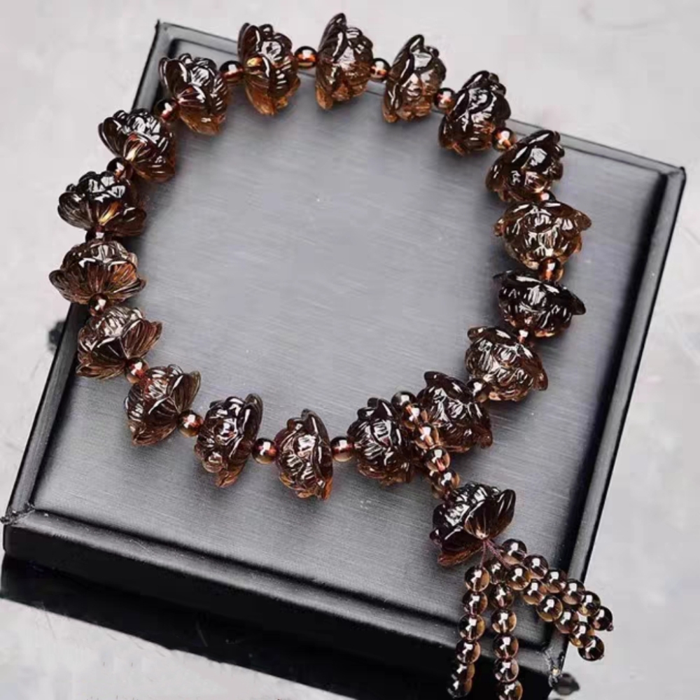 Smoky Quartz Bracelet,Natural Gemstone Bracelet With Lotus Carved,Men Bracelet Gift ,Healing Bracelet for women, Car Hangings