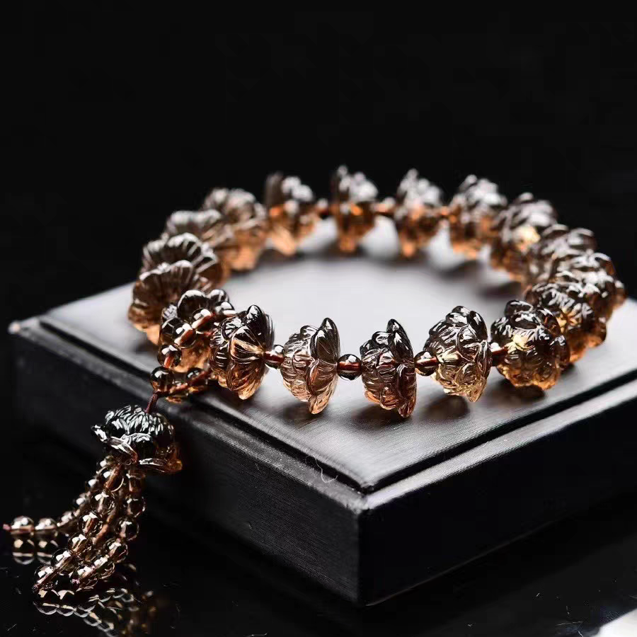 Smoky Quartz Bracelet,Natural Gemstone Bracelet With Lotus Carved,Men Bracelet Gift ,Healing Bracelet for women, Car Hangings