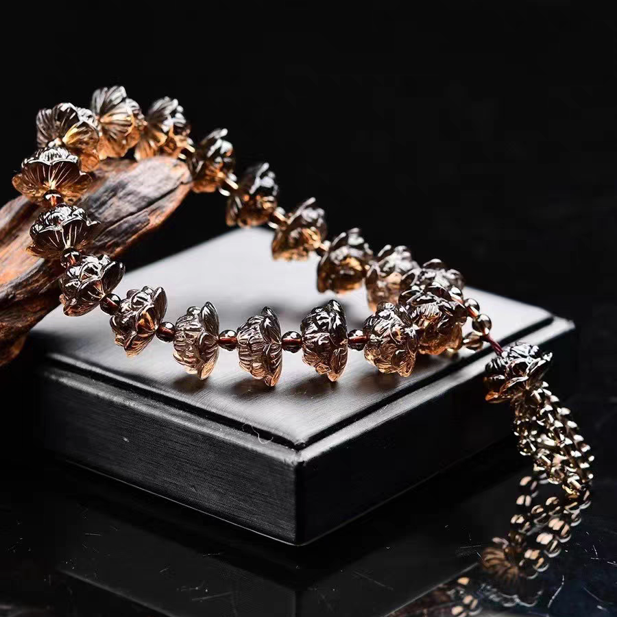 Smoky Quartz Bracelet,Natural Gemstone Bracelet With Lotus Carved,Men Bracelet Gift ,Healing Bracelet for women, Car Hangings