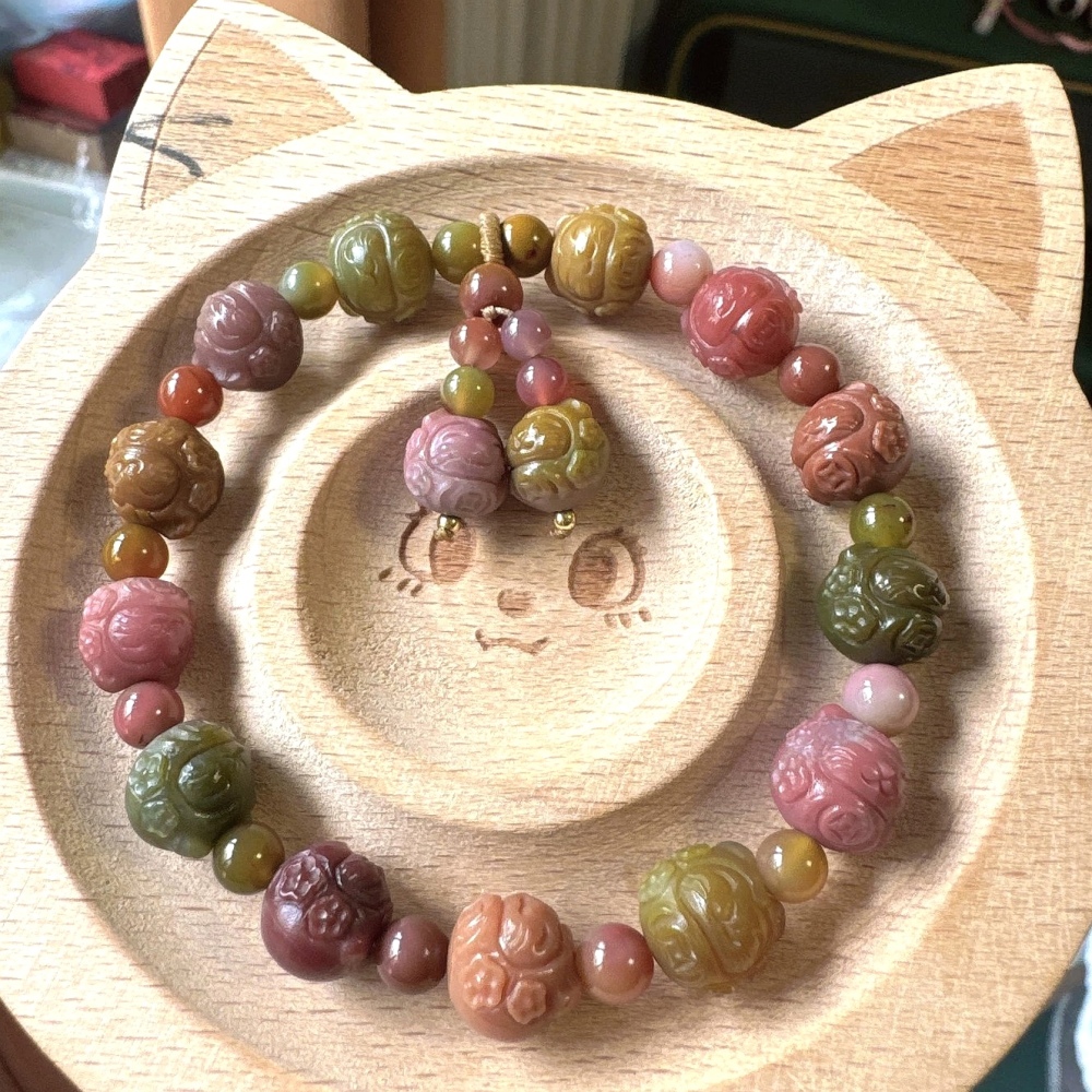 Yanyuan Agate Bracelet,Fortune Cat Carved Bead bracelet For Women,Best gift idea for her -9mm