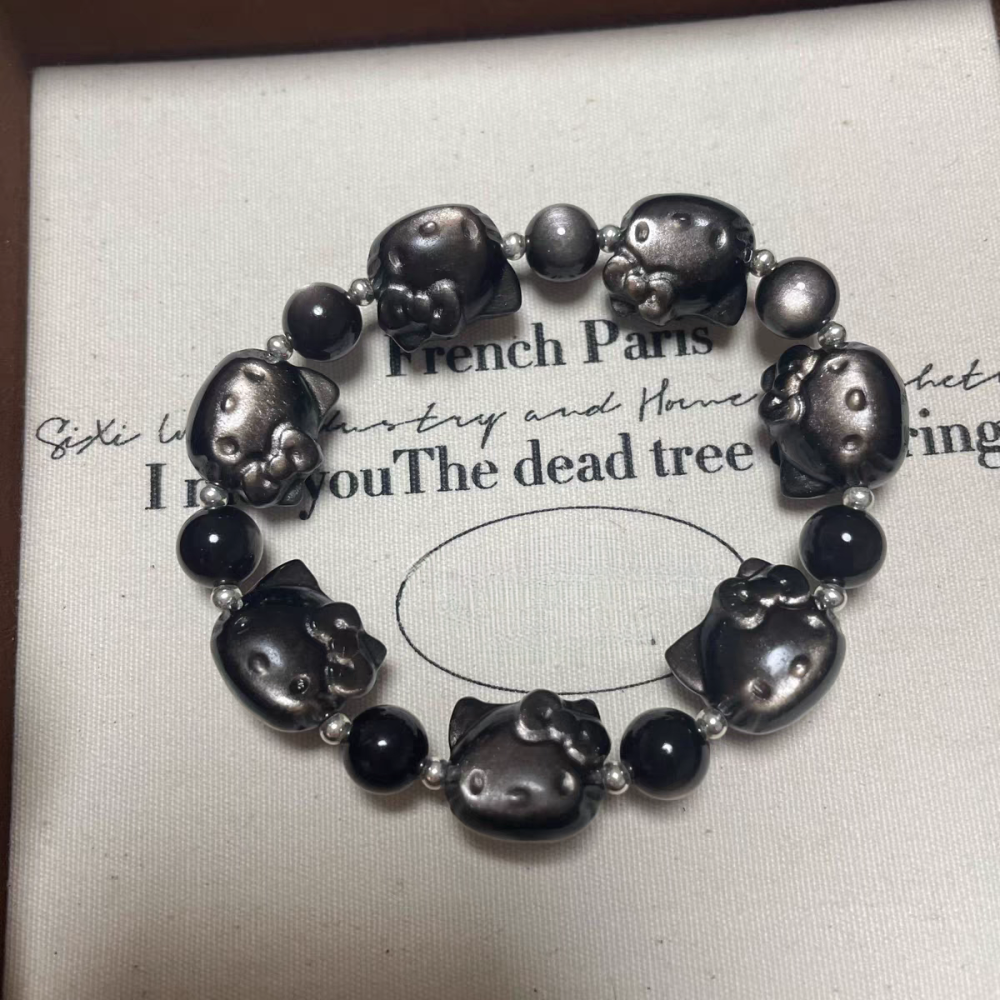 Silver Obsidian Kitty Bracelet, Idol Bracelet Gemstone Bracelet ,Gift for Her