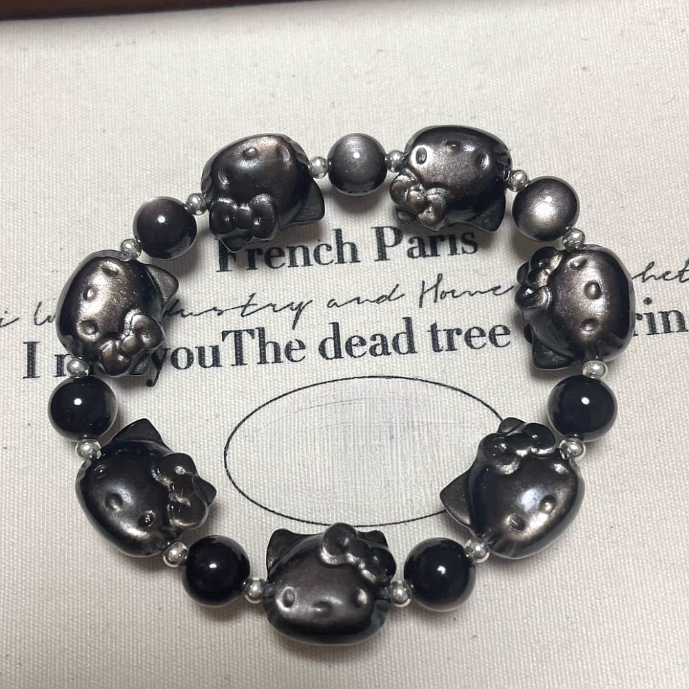 Silver Obsidian Kitty Bracelet, Idol Bracelet Gemstone Bracelet ,Gift for Her
