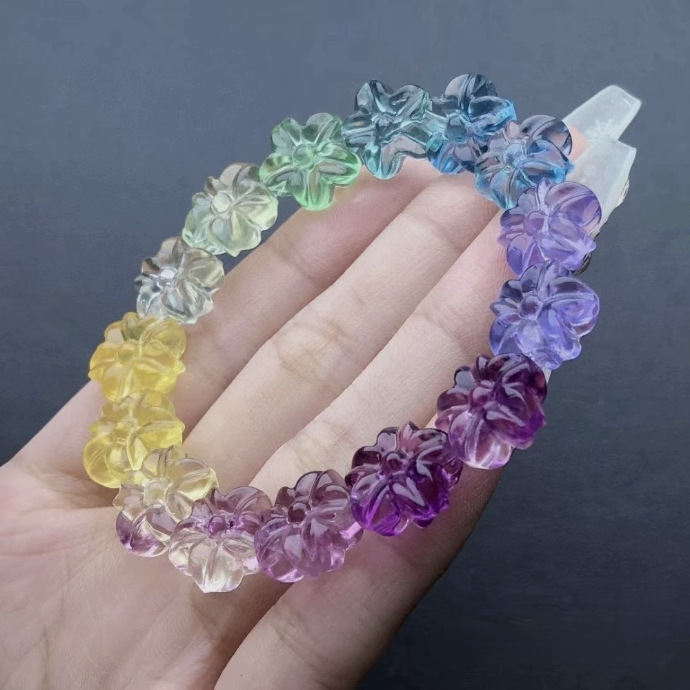 Natural Rainbow Fluorite Bracelet,Flower Charms Gemstone Bracelet,Healing Crystal Bracelet,Gift For her