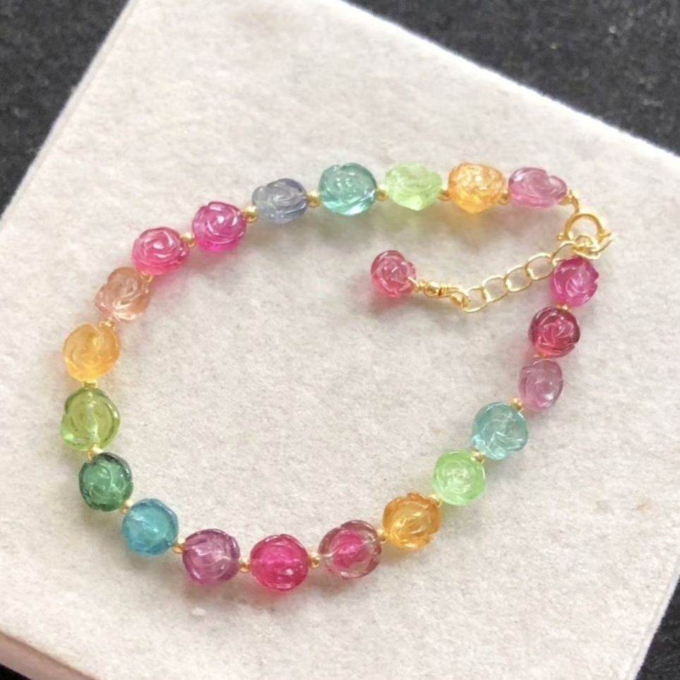 Rainbow Tourmaline bracelet, Unltra Gorgeous Flower Tourmaline Gemstone Bracelet,Relaxing,Self Cure,Good Lucky Bracelet for women, Girl Bracelet