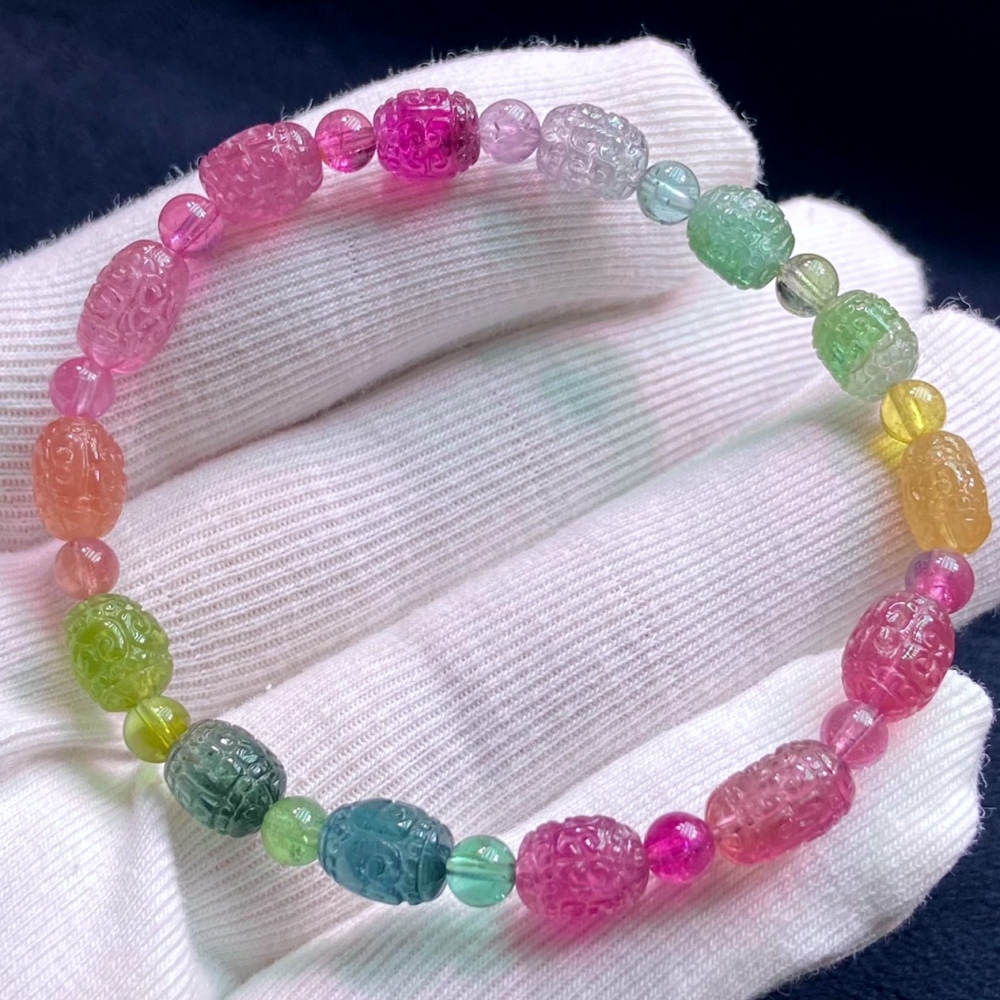 Ultra Gorgeous Rainbow Tourmaline Bracelet With Lotus Carved,Valentine's day Gift,Gift For Her