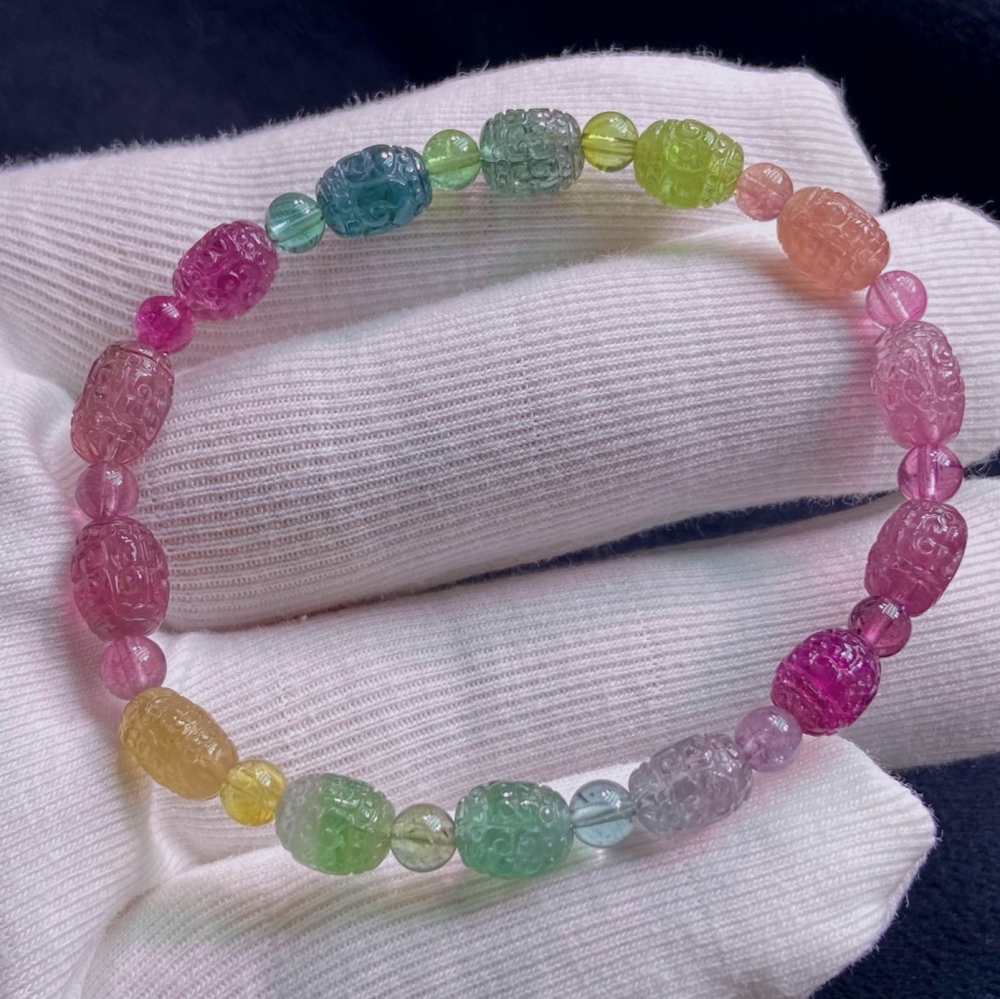 Ultra Gorgeous Rainbow Tourmaline Bracelet With Lotus Carved,Valentine's day Gift,Gift For Her