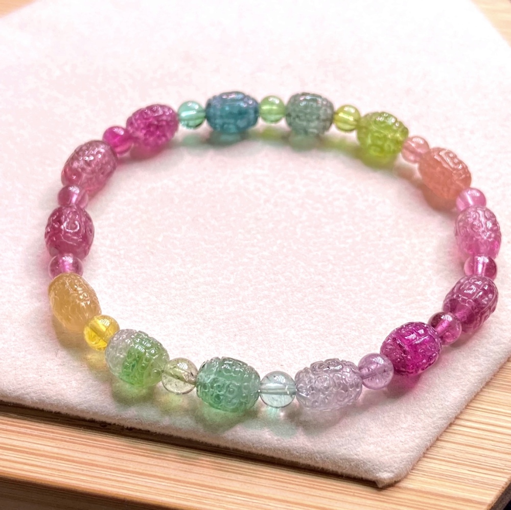 Ultra Gorgeous Rainbow Tourmaline Bracelet With Lotus Carved,Valentine's day Gift,Gift For Her