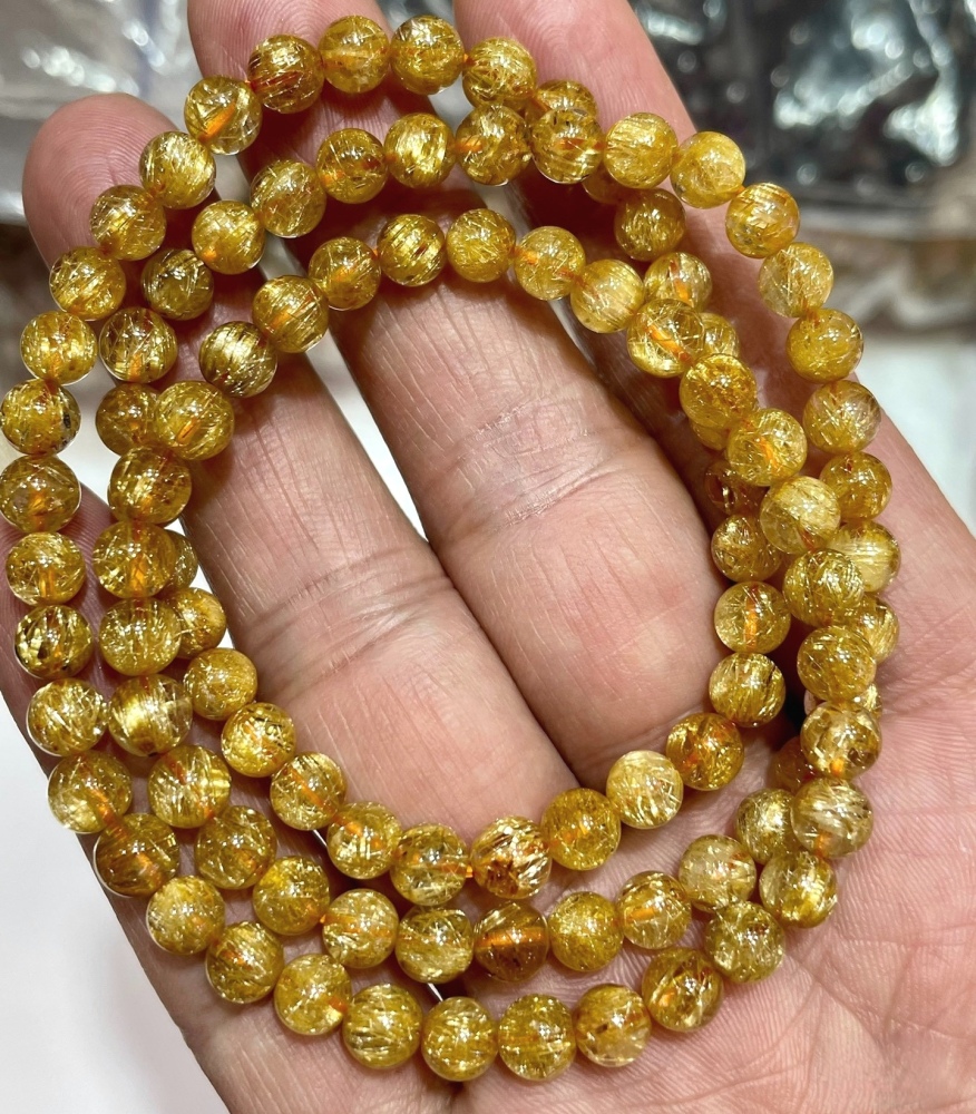 Three Layers Gold Rultilated Quartz Bracelet,5.5MM Genuine Gemstone Bracelet For Women ,Men Bracelet Jewelry