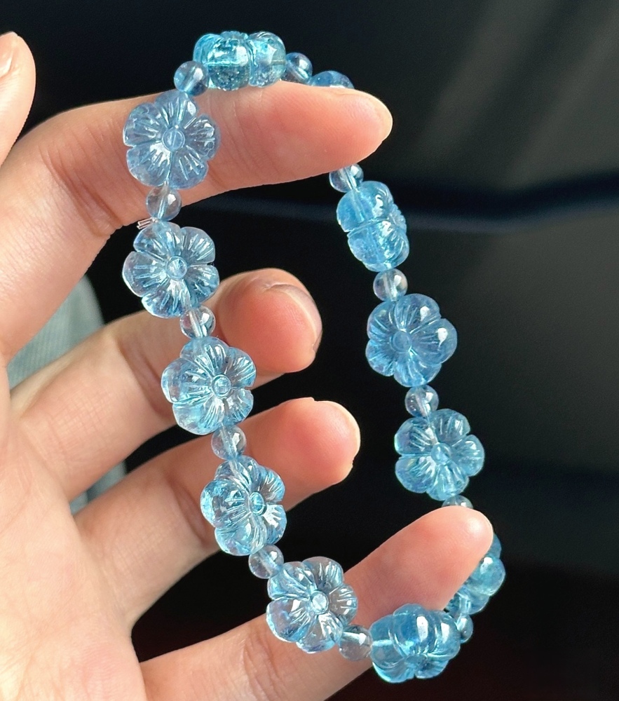 Ultra High Quality Aquamarine Bracelet Flower Bracelet, 12MM for Stress, Intellect, Courage