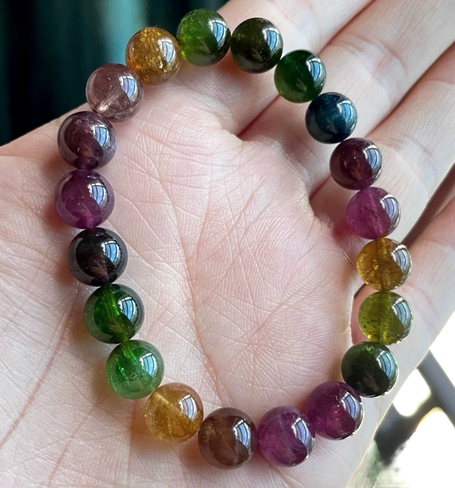 Ultra High Quality, 9MM Rainbow Tourmaline Bracelet , Precious Gemstone Jewelry