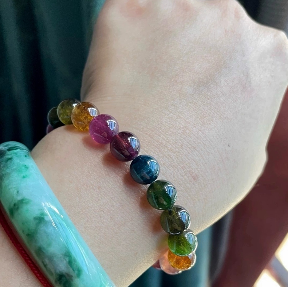 Ultra High Quality, 9MM Rainbow Tourmaline Bracelet , Precious Gemstone Jewelry