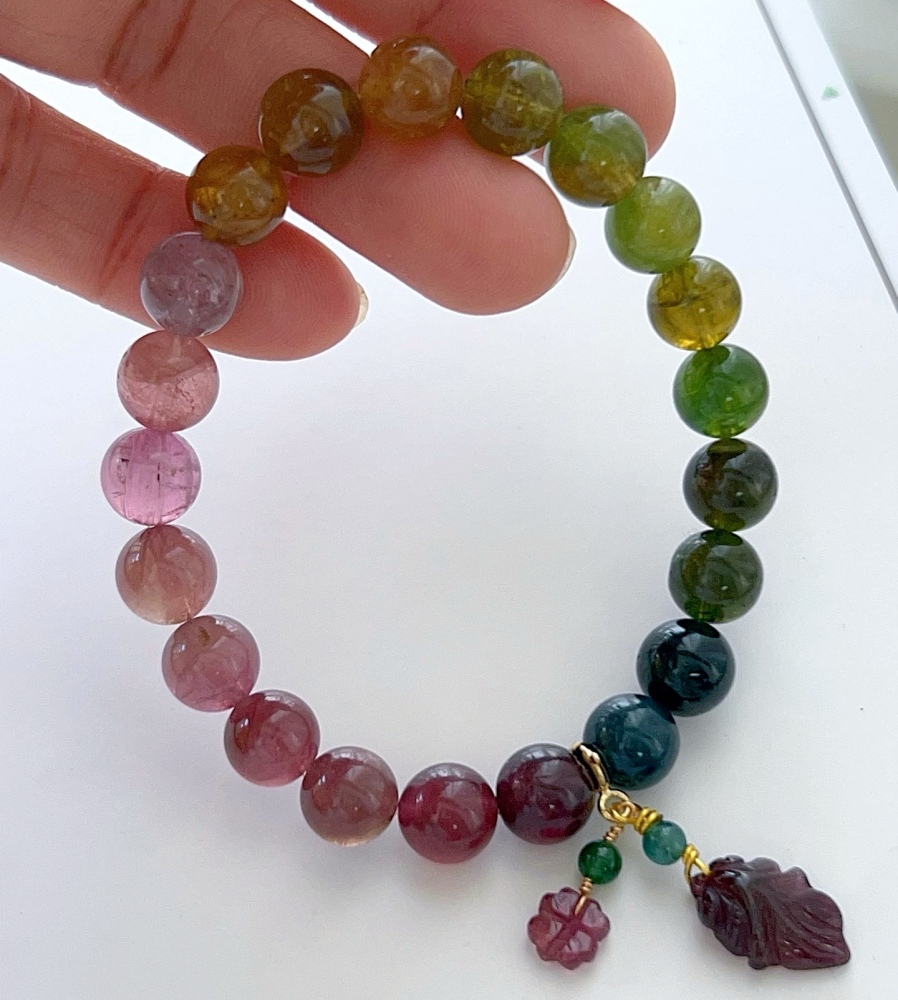 Ultra High Quality, 8.7MM Color Batch Rainbow Tourmaline Bracelet, Red | Pink | Yellow | Green | Blue Tourmaline ,Precious Gemstone Jewelry Gift