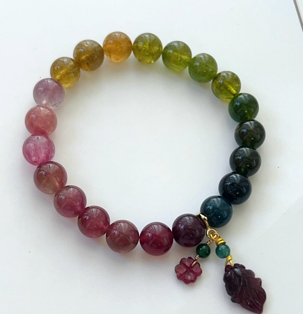 Ultra High Quality, 8.7MM Color Batch Rainbow Tourmaline Bracelet, Red | Pink | Yellow | Green | Blue Tourmaline ,Precious Gemstone Jewelry Gift