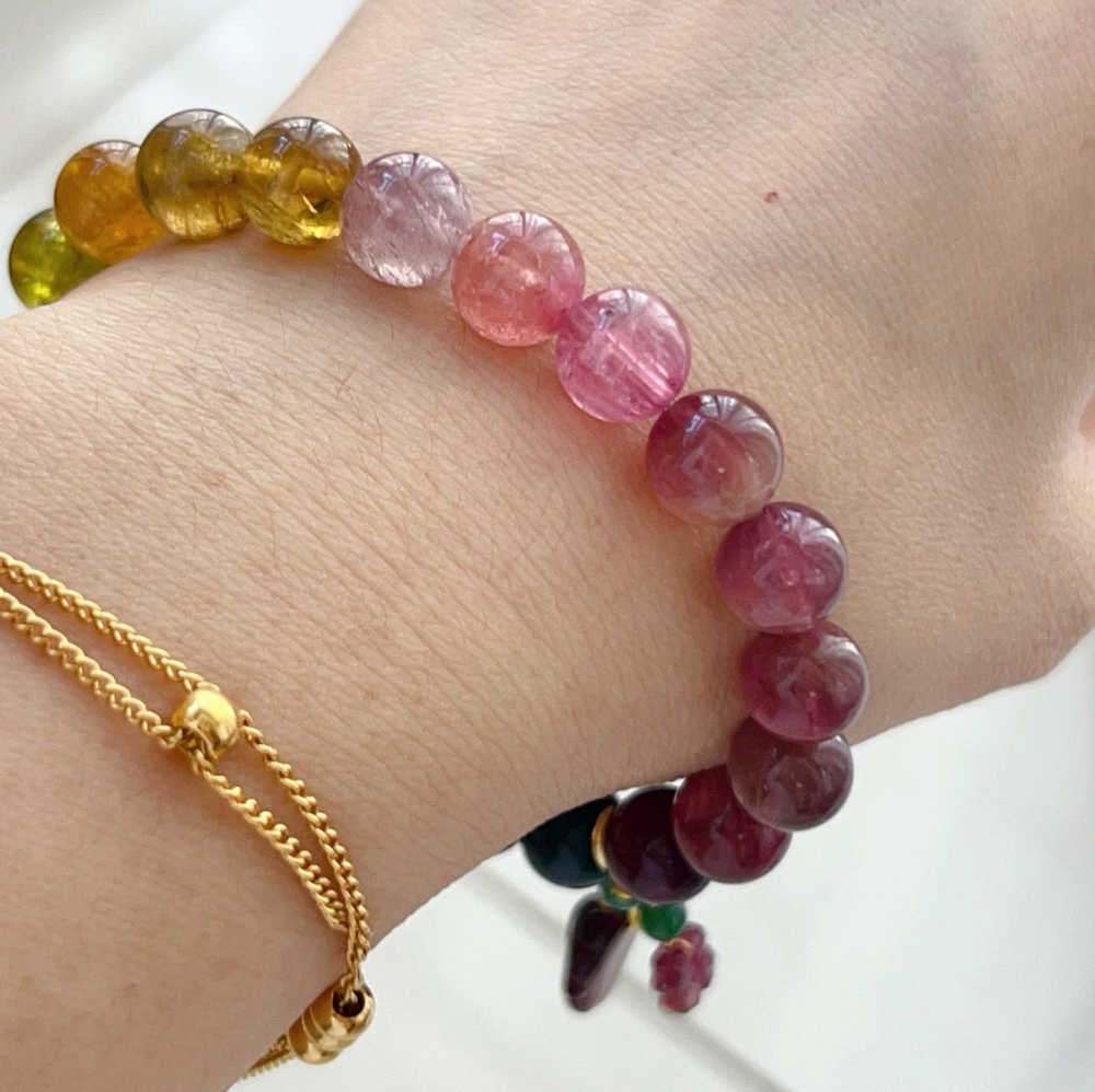 Ultra High Quality, 8.7MM Color Batch Rainbow Tourmaline Bracelet, Red | Pink | Yellow | Green | Blue Tourmaline ,Precious Gemstone Jewelry Gift