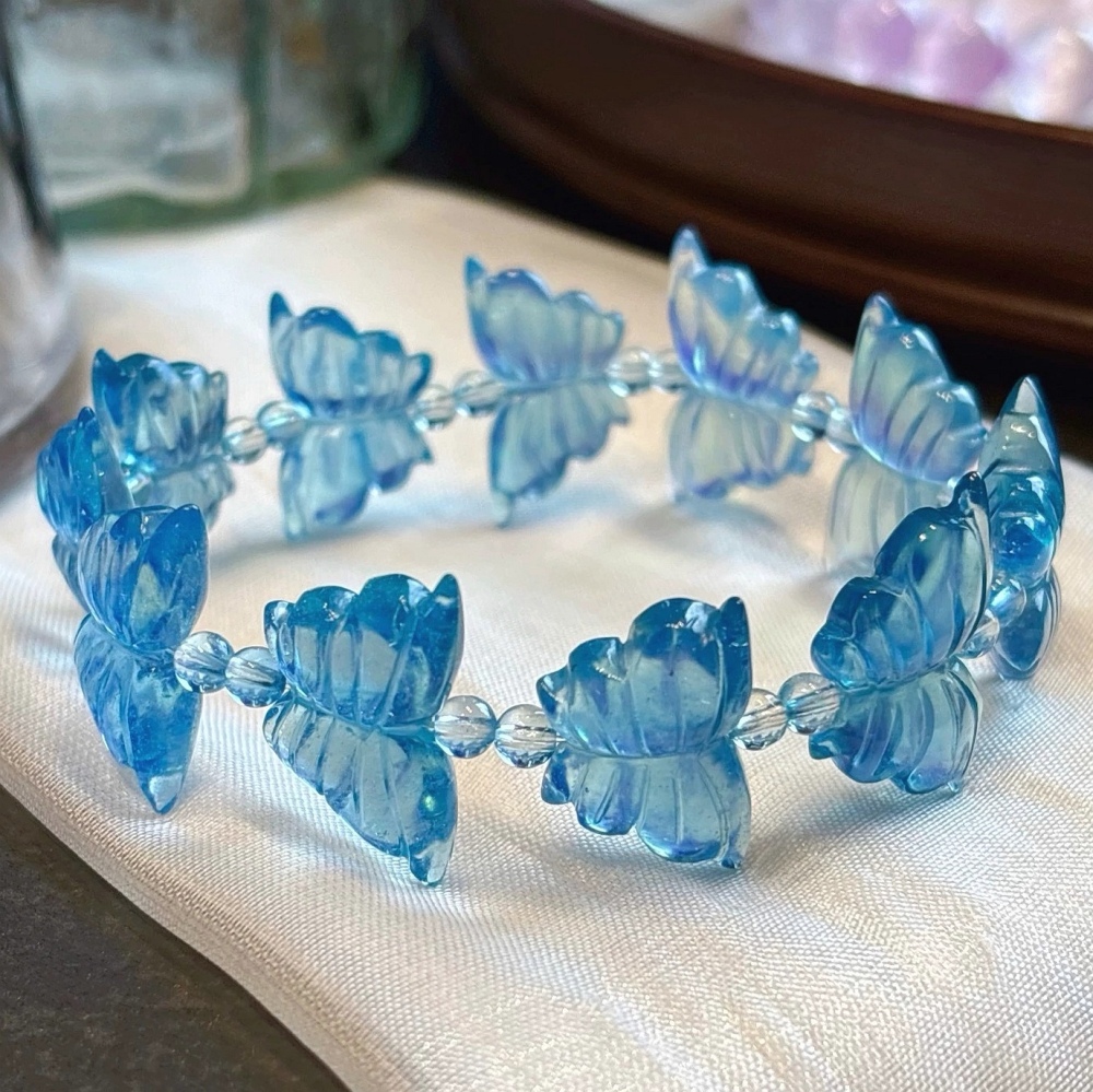 Blue Aquamarine butterfly Bracelet, Exquoisite Carved Gemstone Bracelet for women,Girl Bracelet,Jewelry Gift For Her