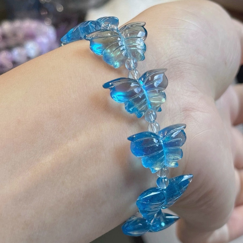 Blue Aquamarine butterfly Bracelet, Exquoisite Carved Gemstone Bracelet for women,Girl Bracelet,Jewelry Gift For Her