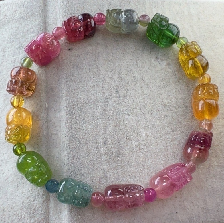 Exquoisite Rainbow tourmaline bracelet,Carved Pixiu Charms Gemstone Bracelet,Tourmaline Jewelry Gift