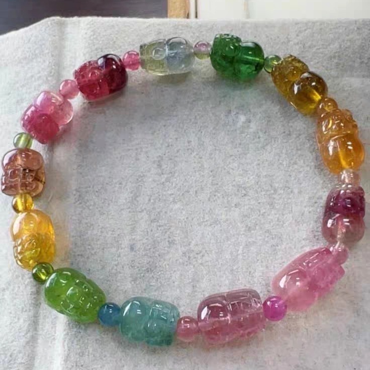 Exquoisite Rainbow tourmaline bracelet,Carved Pixiu Charms Gemstone Bracelet,Tourmaline Jewelry Gift