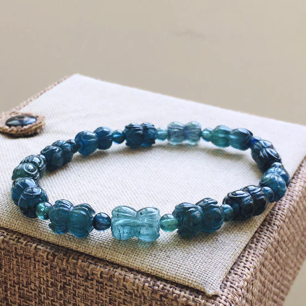 Ultra Gorgeous Blue Tourmaline Bracelet,Good Lucky & Fortune Gemstone bracelet With Lotus Carved -15.2g