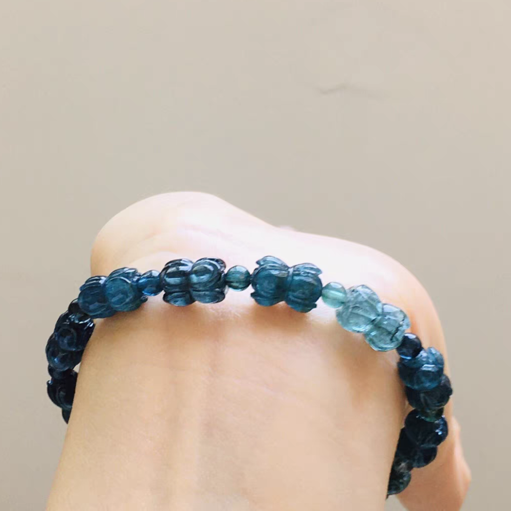 Ultra Gorgeous Blue Tourmaline Bracelet,Good Lucky & Fortune Gemstone bracelet With Lotus Carved -15.2g