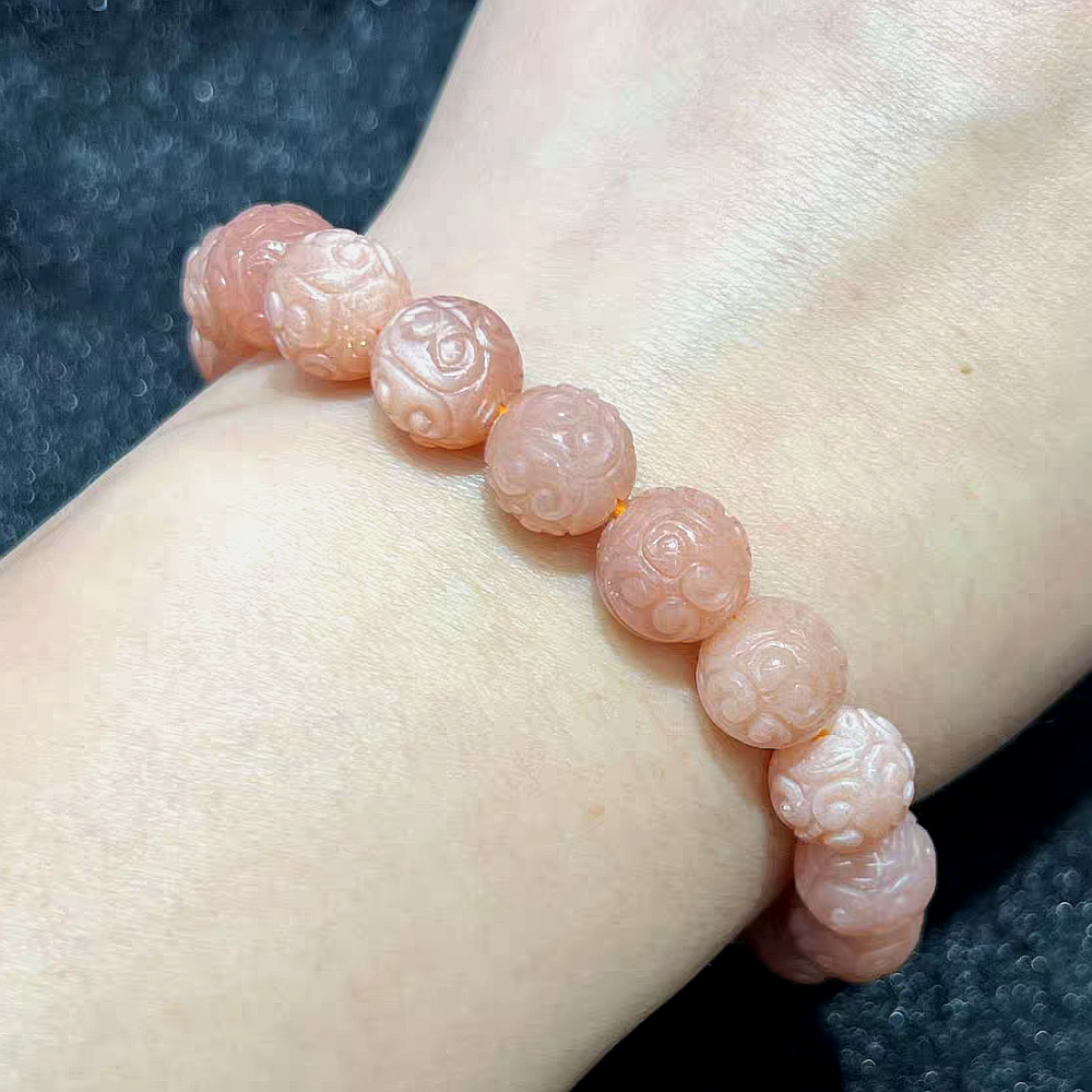 Exquisite Carved Sunstone Bracelet, 10MM for Good Luck, Fortune, Stress