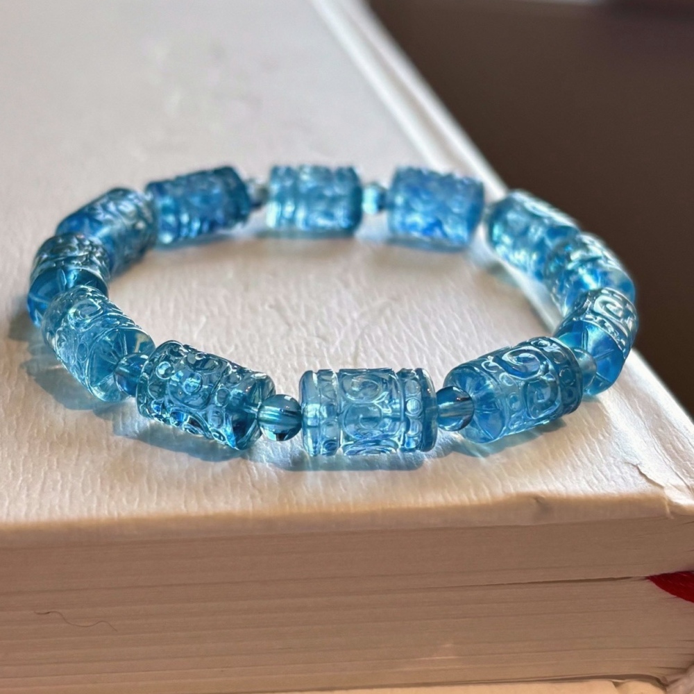 Blue Aquamarine Bracelet, Carved Gemstone Bracelet for women,Men Bracelet,Gift For Her /Him A855