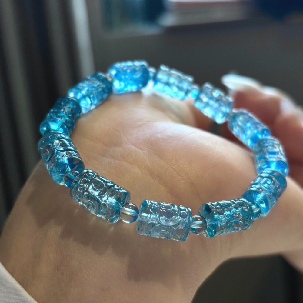 Blue Aquamarine Bracelet, Carved Gemstone Bracelet for women,Men Bracelet,Gift For Her /Him A855