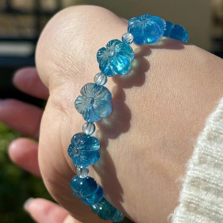 Blue Aquamarine Bracelet, 12NM Flowers Carved Gemstone Bracelet for women,Girl Bracelet,Gift For Her