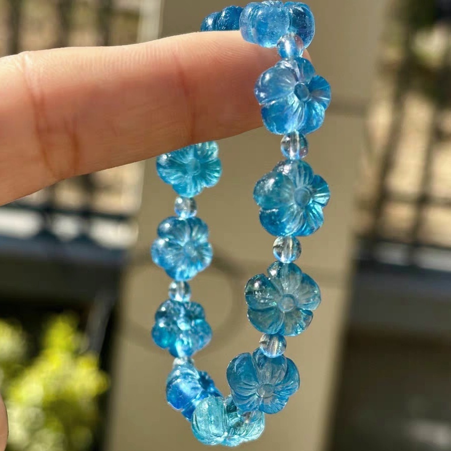 Blue Aquamarine Bracelet, 12NM Flowers Carved Gemstone Bracelet for women,Girl Bracelet,Gift For Her