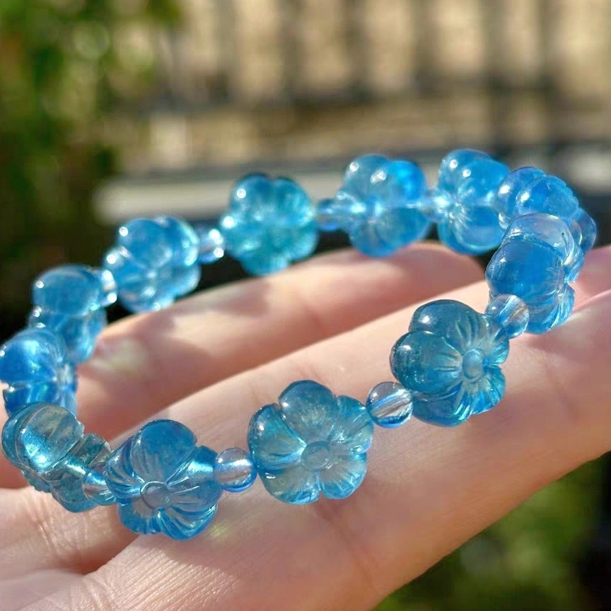 Blue Aquamarine Bracelet, 12NM Flowers Carved Gemstone Bracelet for women,Girl Bracelet,Gift For Her
