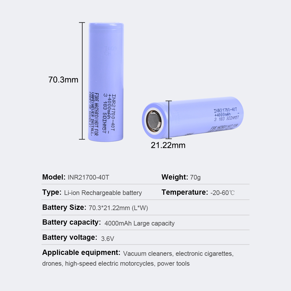 INR21700-40T 3.7V 4000mah (30A) Lithium-lon Battery