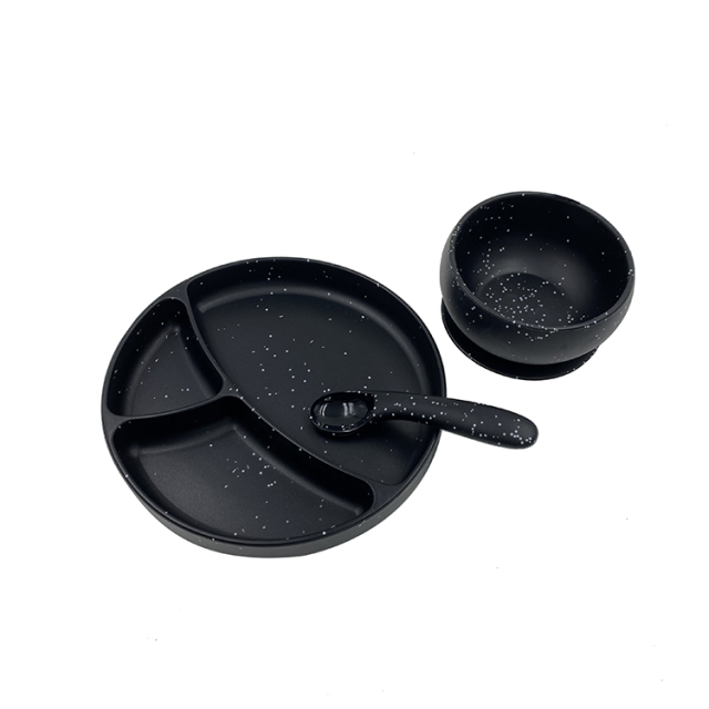 Silicone Baby Feeding set in black with white specks