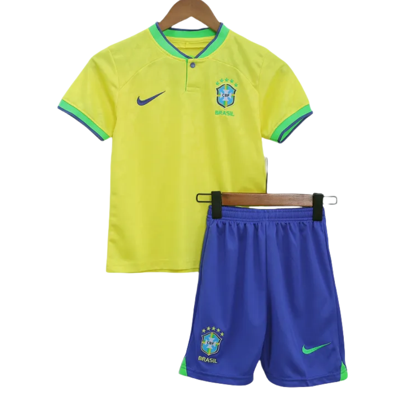 Brazil Kids World Cup 2022 Soccer Jersey Home Kit(Jersey+Shorts)
