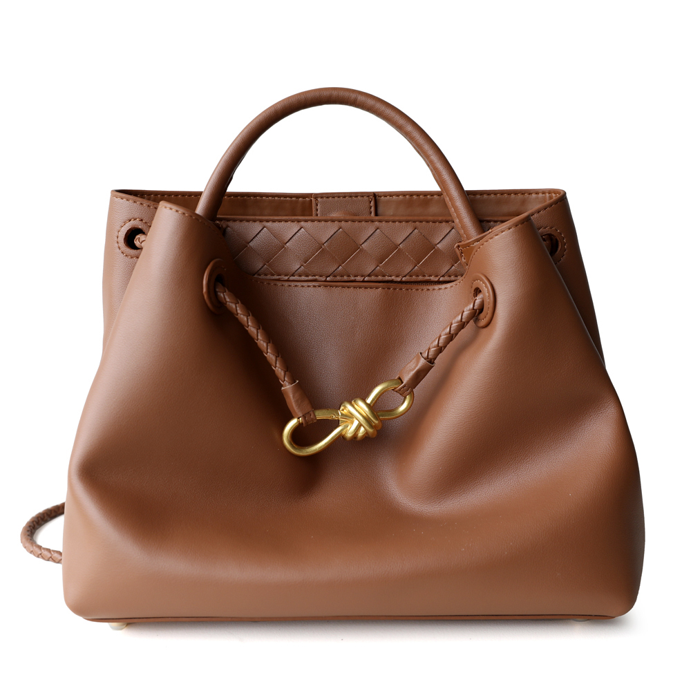 Genuine Leather Fashion Handbag with Metal Rope Buckle Premium Cowhide Woven Handle Shoulder Bag